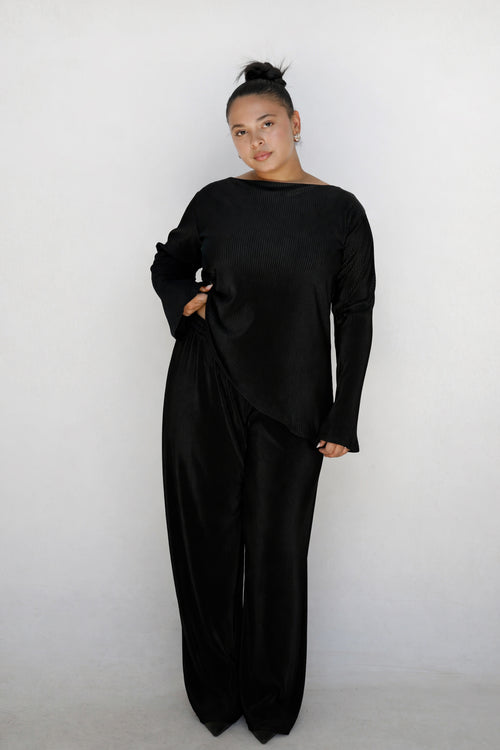 Black Pleated Asymmetrical Bell Sleeve Top