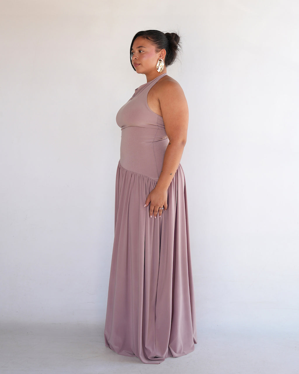 Mocha Halter Dress with Dropped Asymmetrical Waistline