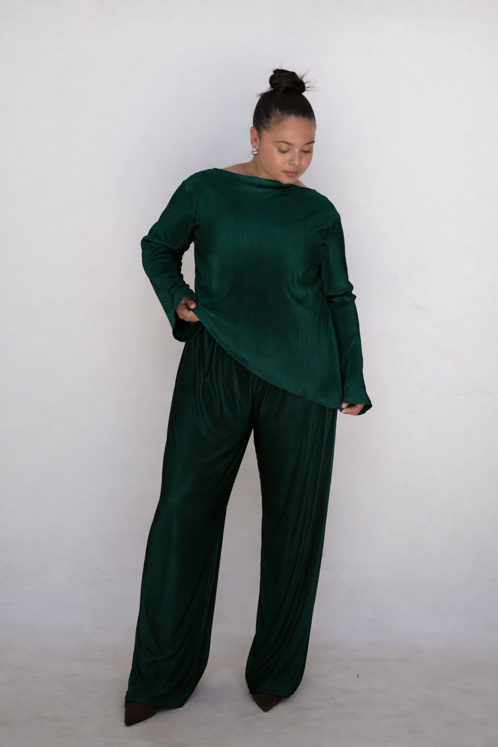 M | Emerald Pleated Asymmetrical Bell Sleeve Top