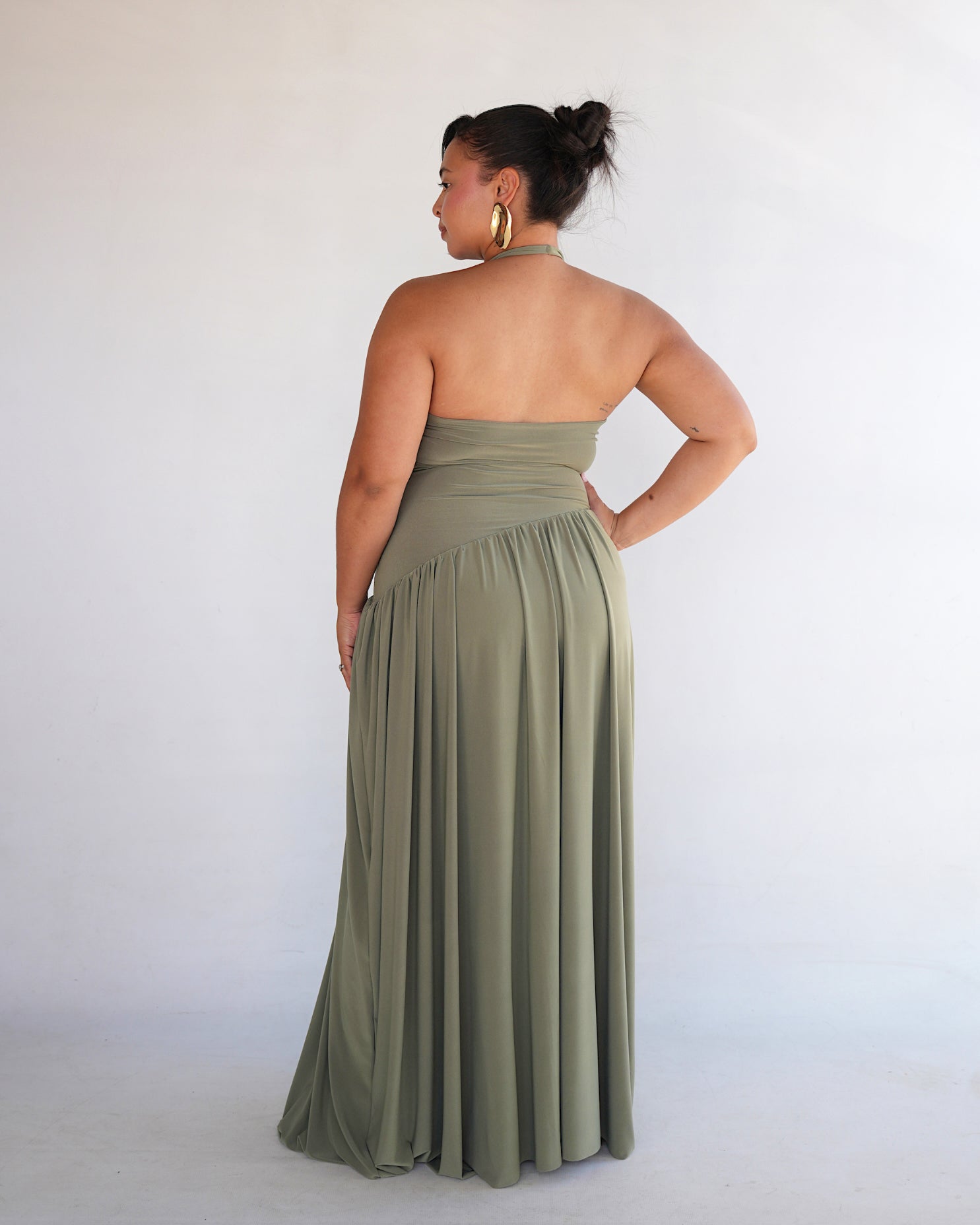 Light Khaki Halter Dress with Dropped Asymmetrical Waistline