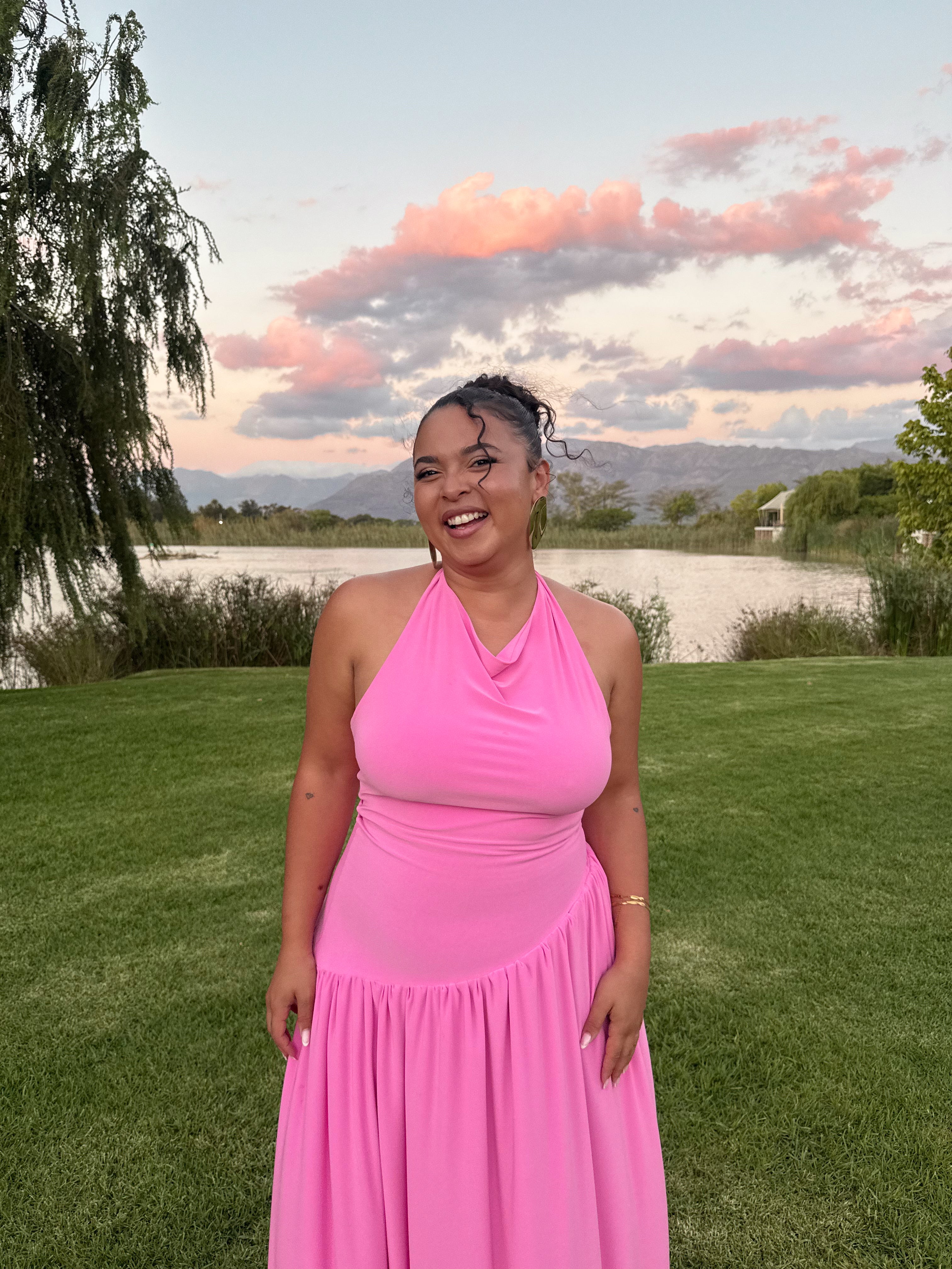 Warm Pink Halter Dress with Dropped Asymmetrical Waistline