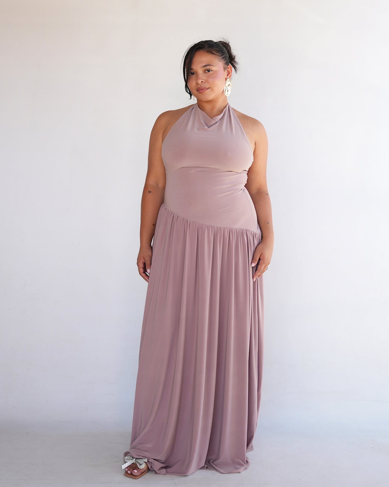 Mocha Halter Dress with Dropped Asymmetrical Waistline