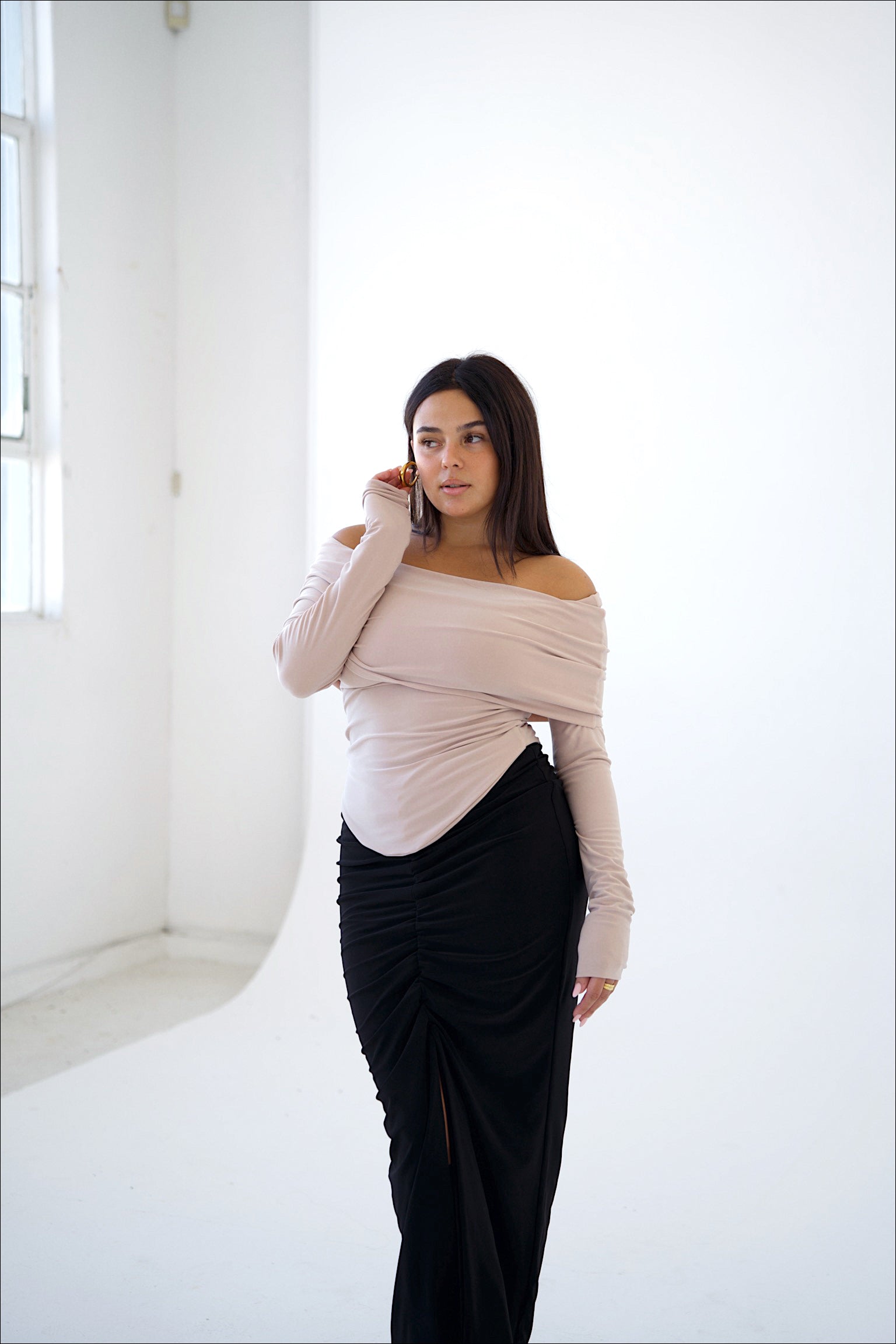 Black Slit Skirt with Ruched Detail