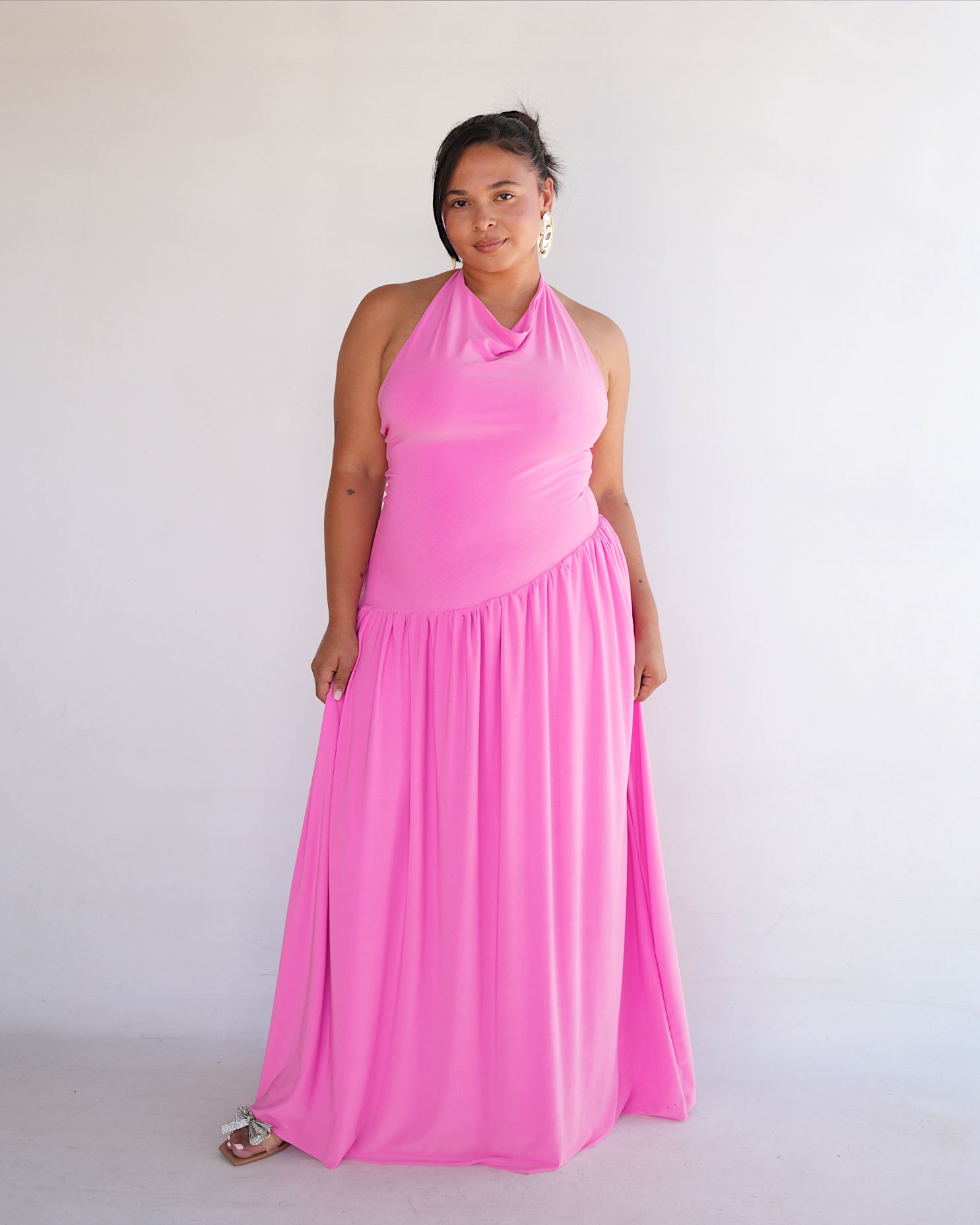 Warm Pink Halter Dress with Dropped Asymmetrical Waistline
