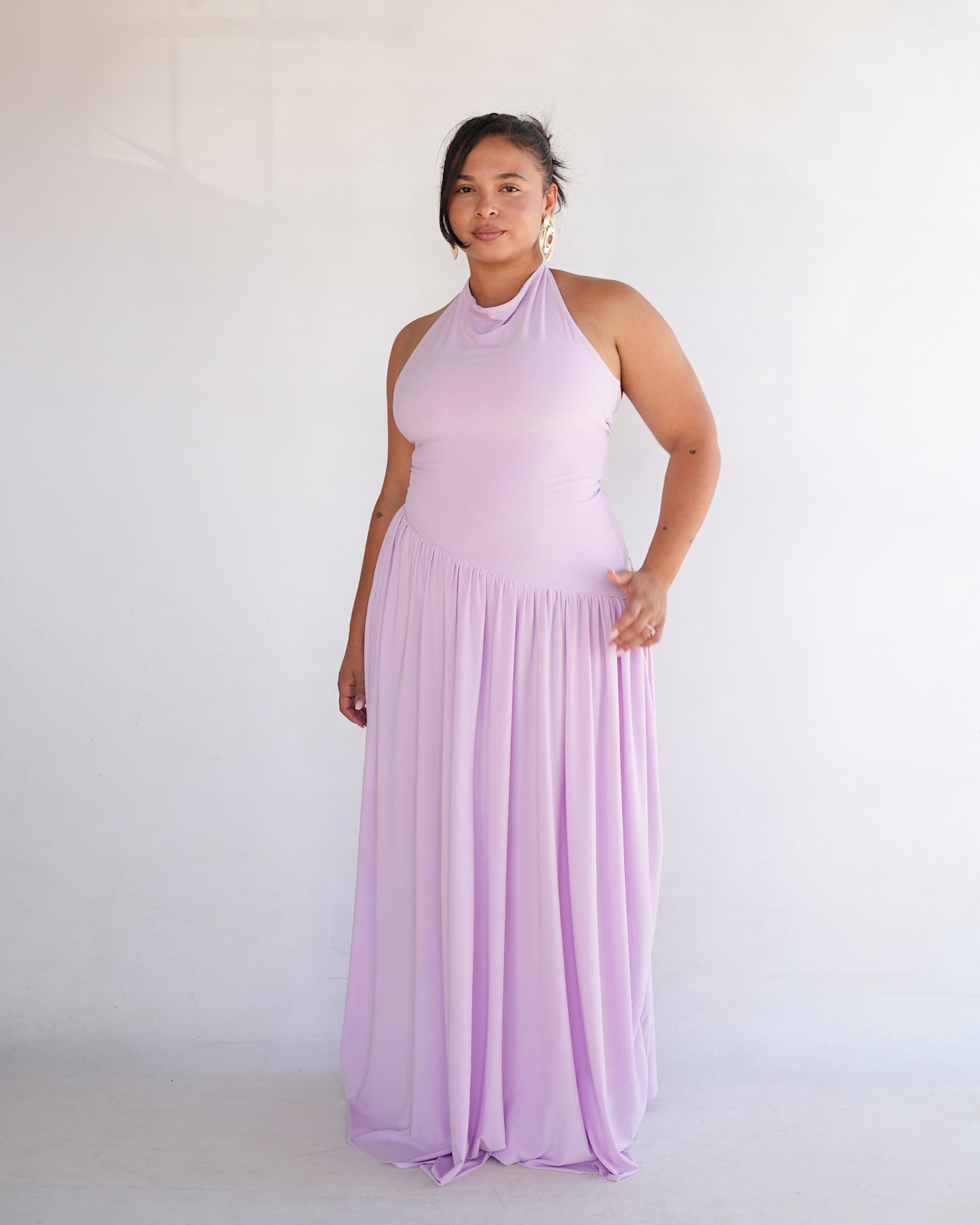 Light Lilac Halter Dress with Dropped Asymmetrical Waistline