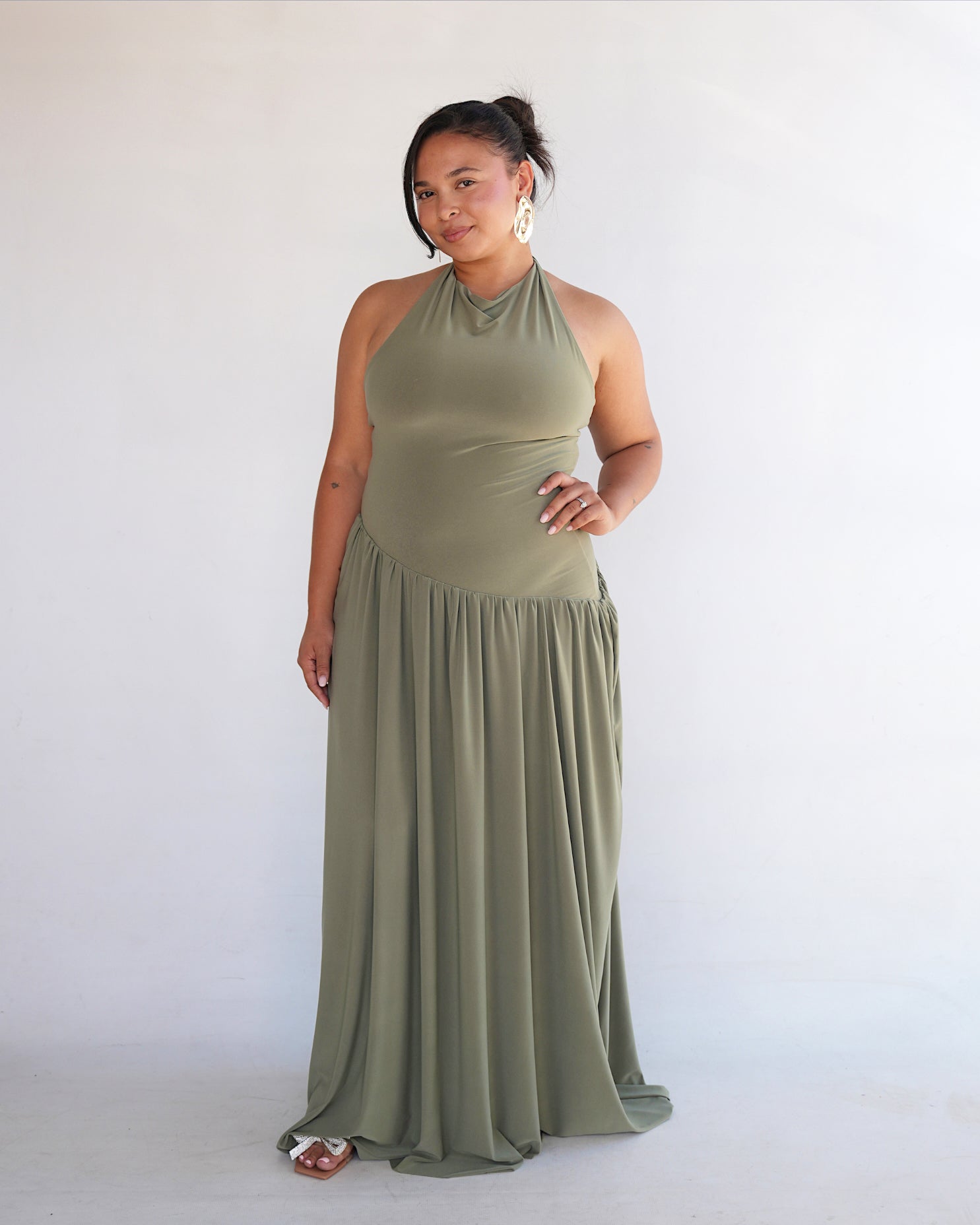 Light Khaki Halter Dress with Dropped Asymmetrical Waistline