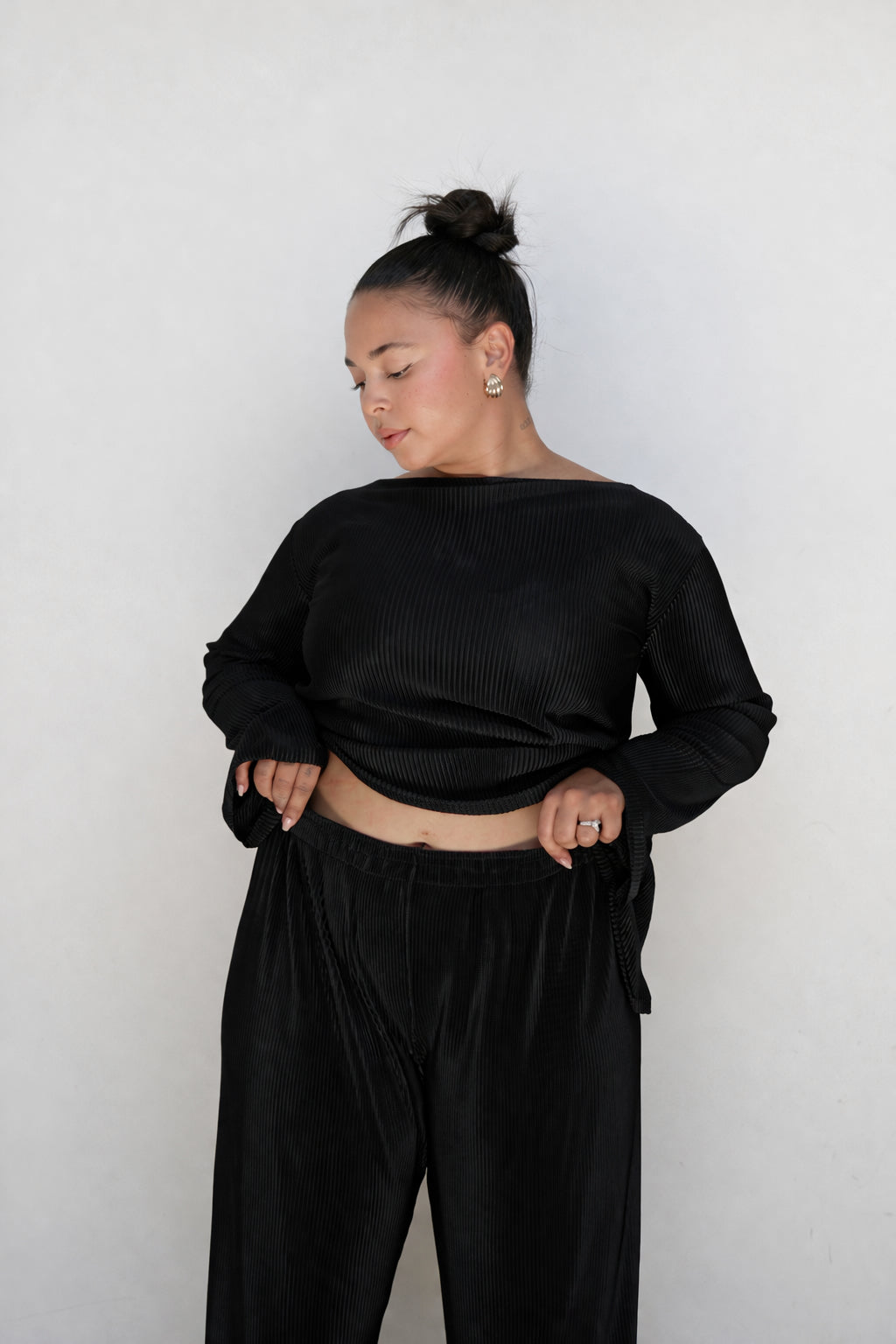 Black Pleated Asymmetrical Bell Sleeve Top
