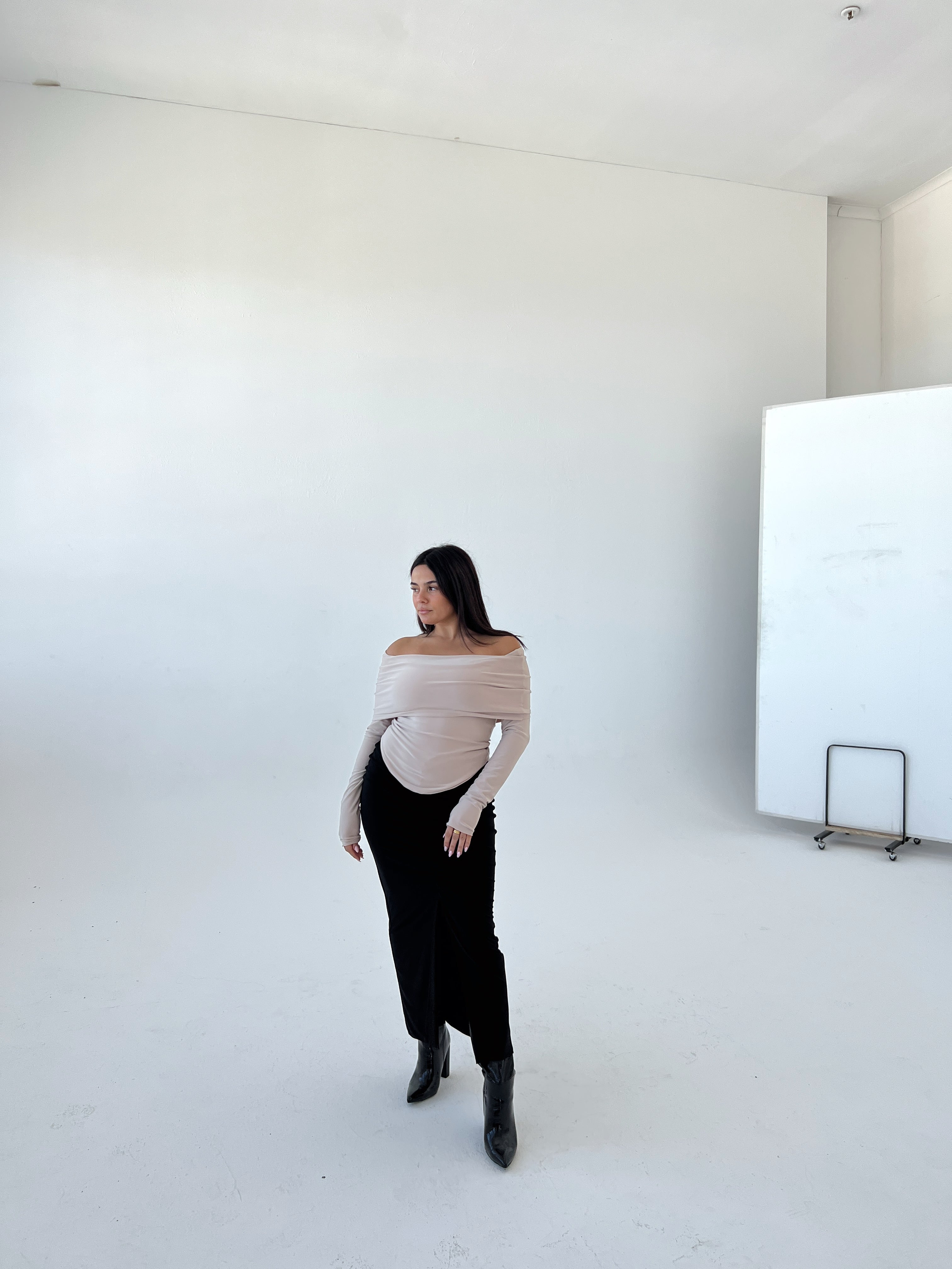 Black Slit Skirt with Ruched Detail