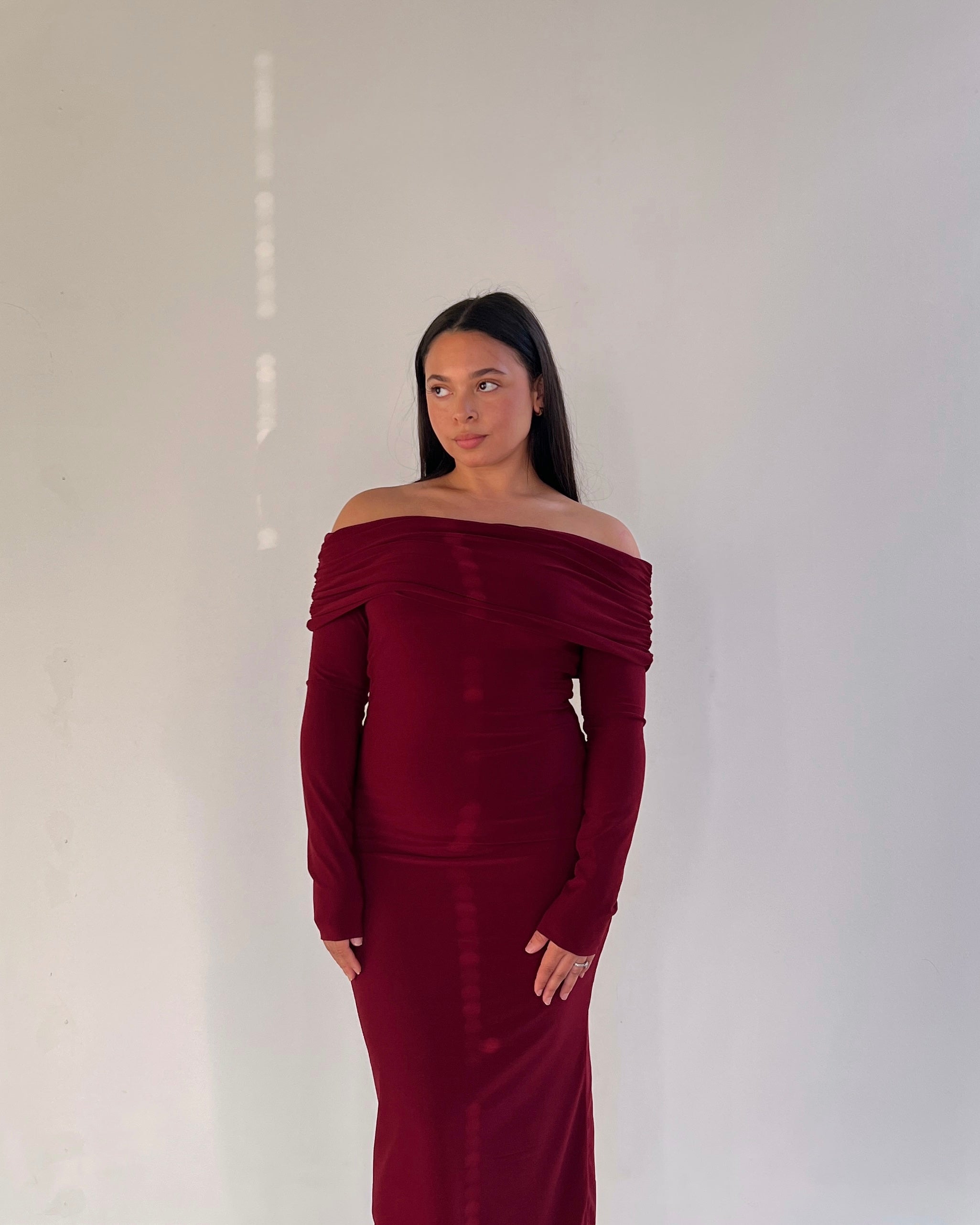 Maroon Bardot Sculpted Dress with Long Sleeves The Shopaholic