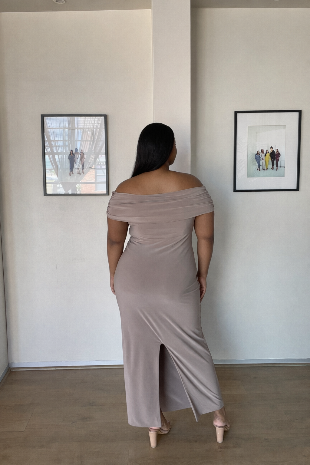 XL | 150CM Mocha Off-shoulder Bardot Sculpted Dress