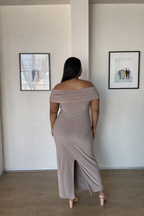 XL | 150CM Mocha Off-shoulder Bardot Sculpted Dress