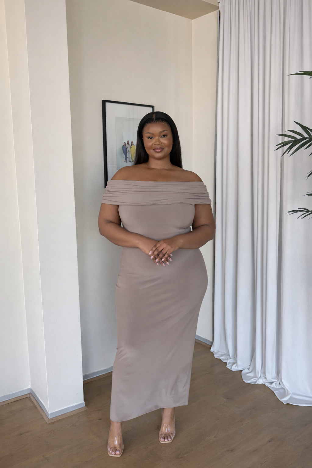 XL | 150CM Mocha Off-shoulder Bardot Sculpted Dress