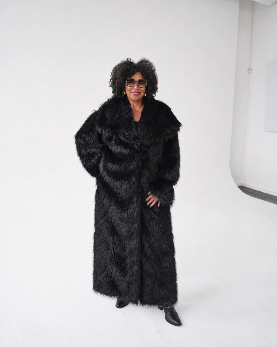 Black Full-Length Luxe Faux Fur Coat