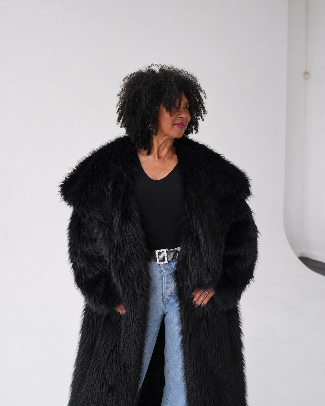Black Full-Length Luxe Faux Fur Coat