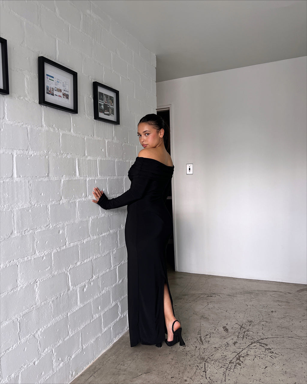 Black Bardot Sculpted Dress with Long Sleeves
