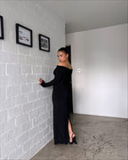 Black Bardot Sculpted Dress with Long Sleeves