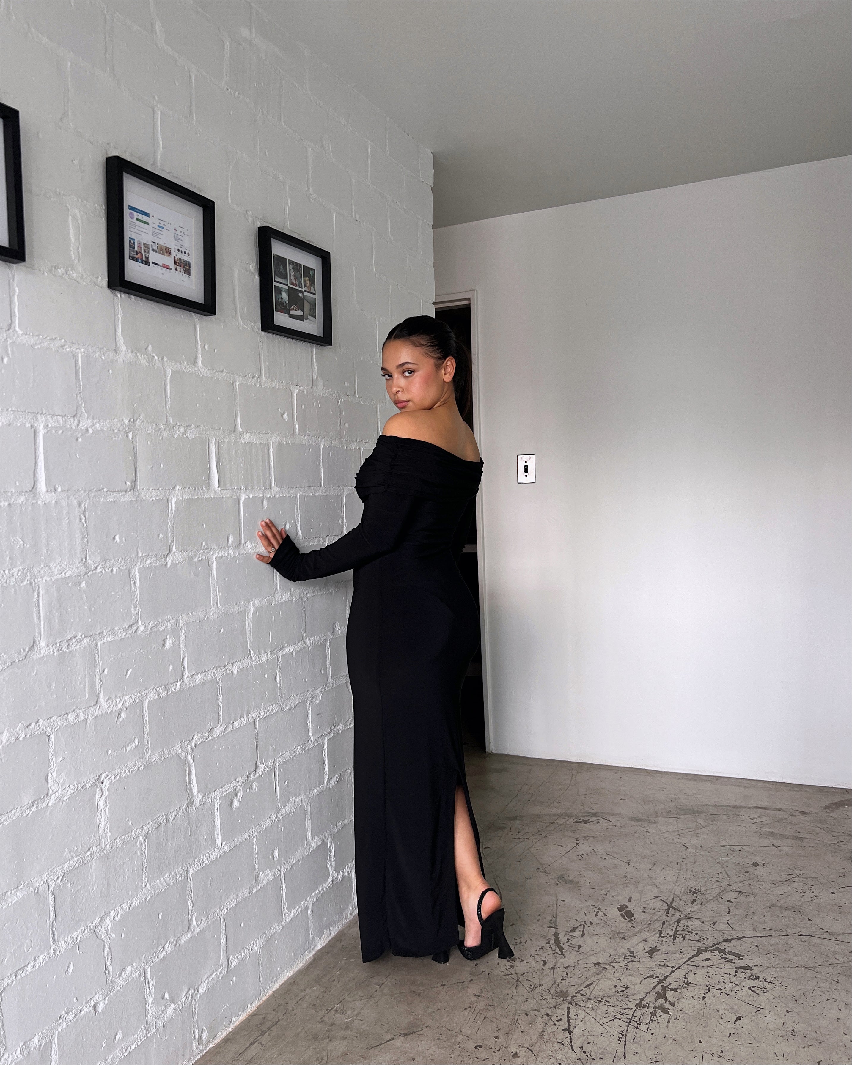 Black Bardot Sculpted Dress with Long Sleeves