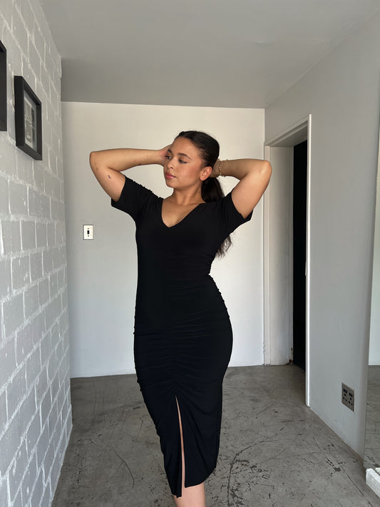 L | Black Ruched Front Dress